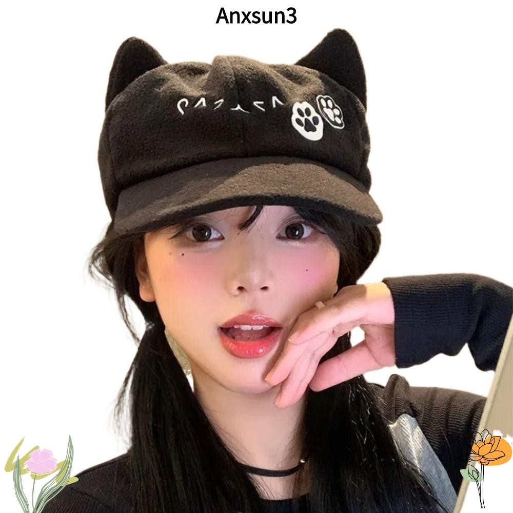 Anxsun3 Berets หมวก, น่ารัก Y2k Newsboy หมวก, หูแมวท่องเที่ยวญี่ปุ่น Casual เบสบอลหมวกสําหรับผู้หญิงหญิง