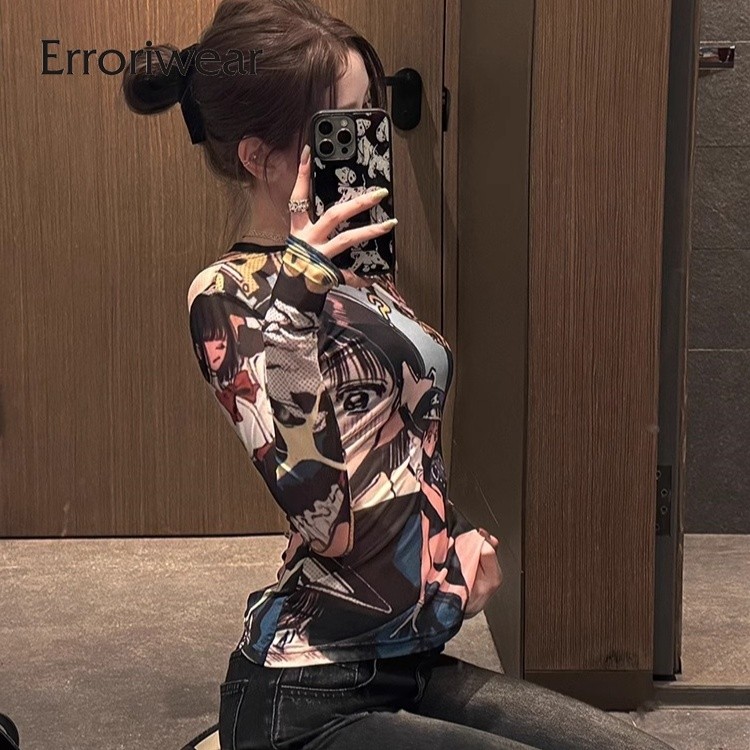 เสื้อยืดผู้หญิง 2025 หลากสีโปร่งแสงตาข่ายคอกลมแขนยาวสลิมฟิตท็อปส์ - รูปที่ 7