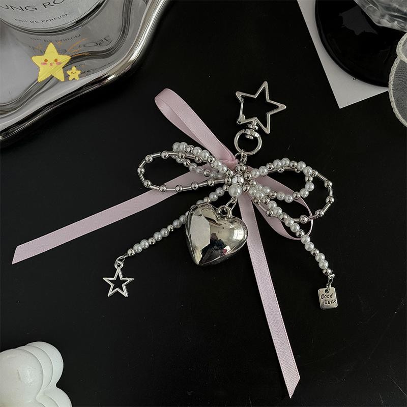 [JBTH] Ins Style Pearl Bowknot Key Chain Silver Heart Phone Pendant Headphone Case Charm Bag Decor Car Key Ring [JB]