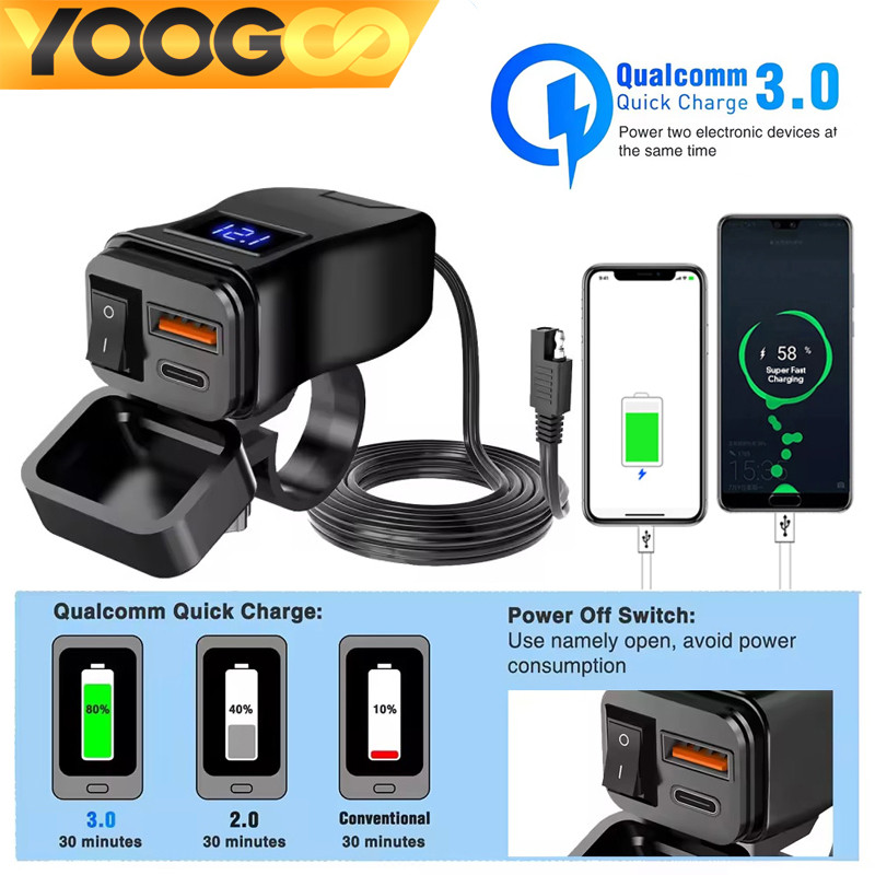 ที่ชาร์จเร็วรถจักรยานยนต์ ที่ชาร์จมือถือมอเตอร์ไซค์ USB PD+QC3.0 พร้อมโวลต์มิเตอร์ดิจิตอลกันน้ำ เหมาะสำหรับมือถือทุกรุ่น