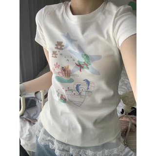 (จัดส่งตลอด 24 ชั่วโมง）Angle Official baby tee เสื้อเบบี้ทีลายวน เสื้อครอปท็อป แขนสั้น พิมพ์ลายหัวจ#0717