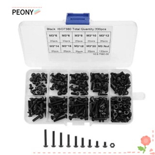 Peonypavilion สกรูเมตริก M3 5-20 มม. สีดํา 300 ชิ้น พร้อมกล่องเก็บ เหล็กคาร์บอน เกรด 10.9 DIY