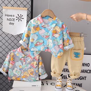ชุดเสื้อเชิ้ต และกางเกง ปักลายการ์ตูน สองชิ้น แฟชั่นฤดูใบไม้ร่วง สไตล์เกาหลี สําหรับเด็กผู้ชาย 2023