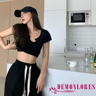 Demonlores- เสื้อครอปท็อป แขนสั้น สีพื้น ทรงสลิมฟิต แฟชั่นฤดูร้อน สําหรับผู้หญิง