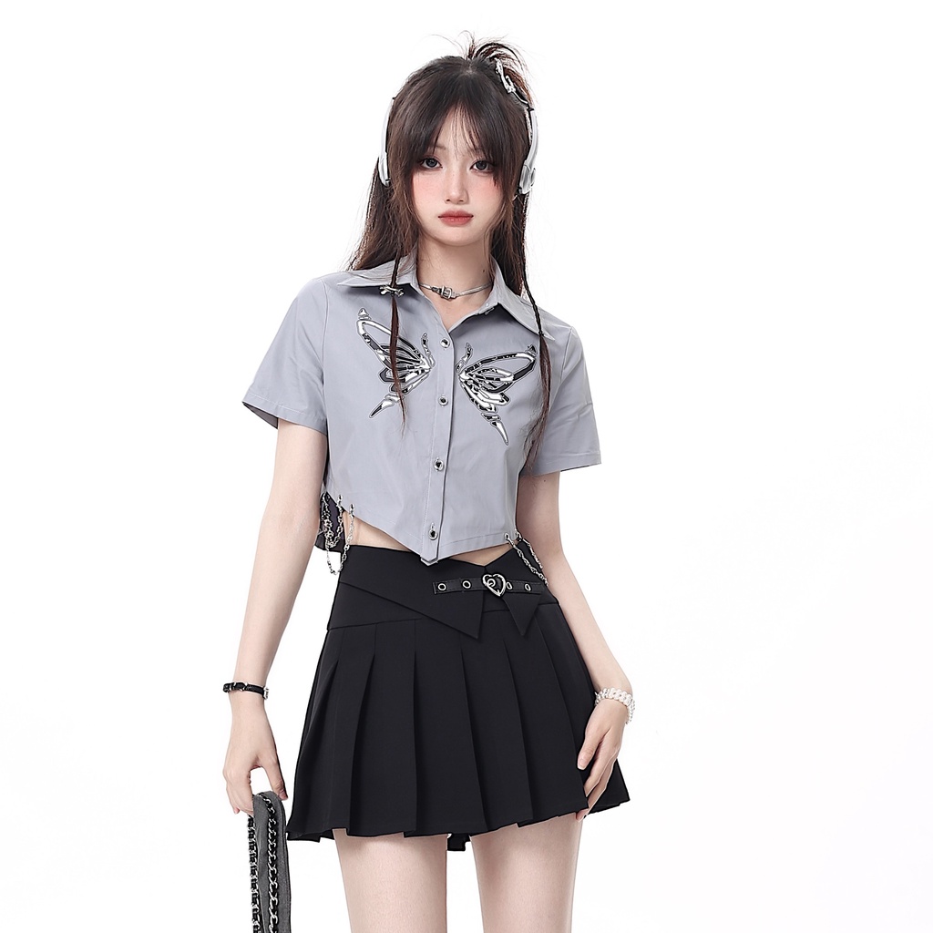 Crazygirl [Prisoner Cage Butterfly] เสื้อเชิ้ตแขนสั้น พิมพ์ลาย Future Niche ของแท้ แฟชั่นฤดูใบไม้ผลิ ฤดูร้อน สําหรับผู้หญิง