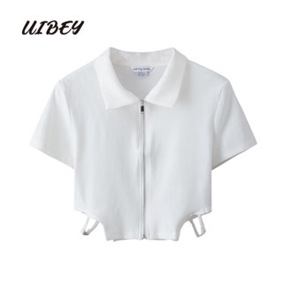 Uibey เสื้อเชิ้ต คอปก แขนสั้น มีซิป แฟชั่น 2042