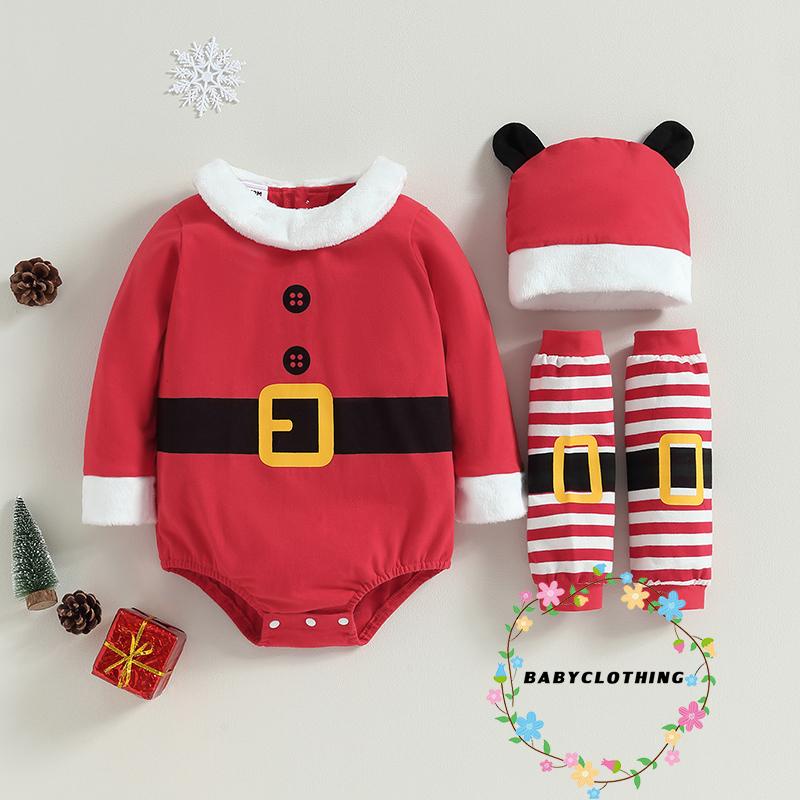 Babyclothes-ชุดคริสต์มาสสําหรับเด็กผู้หญิง Santa Romper พร้อมหมวกและขาอุ่นชุด