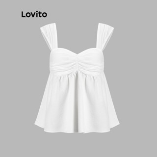 Lovito เสื้อแขนกุด แต่งจีบ เปิดไหล่ น่ารัก สีพื้น สำหรับผู้หญิง L51ED070 (สีขาว)