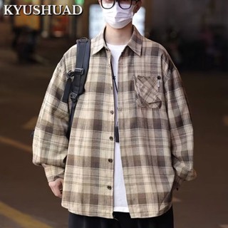 Kyushuad เสื้อเชิ้ตแขนยาว ลายสก๊อต สไตล์เรโทร อเมริกัน ไฮเอนด์ สําหรับผู้ชาย