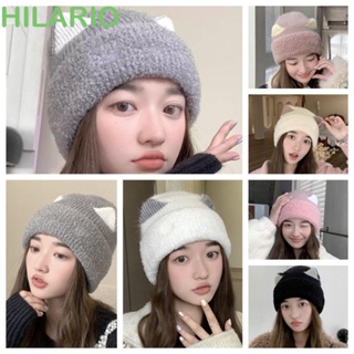 Hilario หมวกบีนนี่ หูแมว, หมวกบีนนี่ถัก สีพื้น สไตล์เกาหลี, หมวกบีนนี่ นิ่ม Ins Skullies ให้ความอบอุ่น แบบสวมหัว ฤดูหนาว