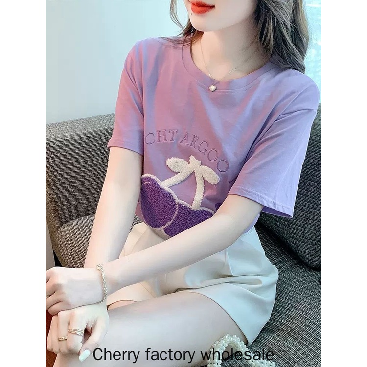 เสื้อยืดแขนสั้น ผ้าฝ้าย ทรงหลวม ปักลาย สีม่วง แฟชั่นใหม่ สไตล์เกาหลี สําหรับผู้หญิง