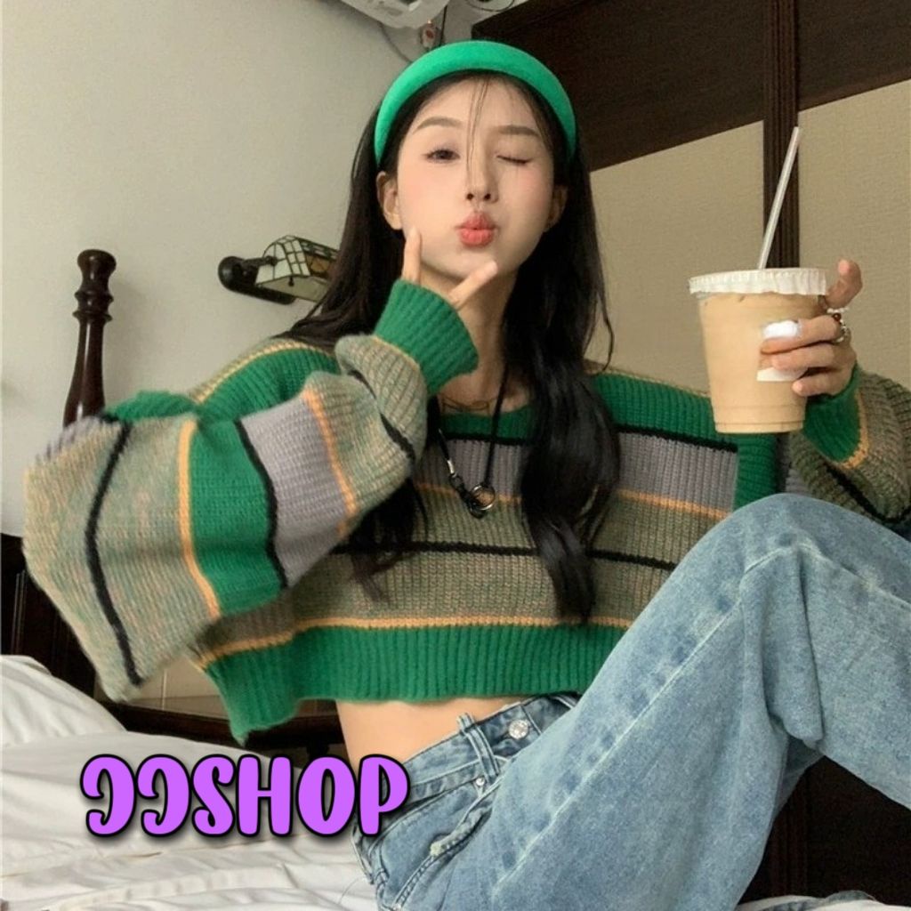 JJ Shop​ ​พร้อมส่ง เสื้อถักไหมพรมคอกลม แขนยาวลายทาง "4Y103" -C