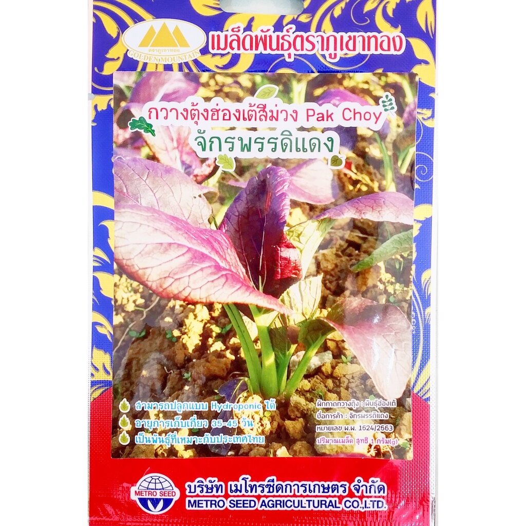 เมล็ดกวางตุ้งฮ่องเต้สีม่วง จักรพรรดิแดง Pak Choy MT/F1-59 ตราภูเขาทอง เมล็ดกวางตุ้งฮ่องเต้ เมล็ดผัก
