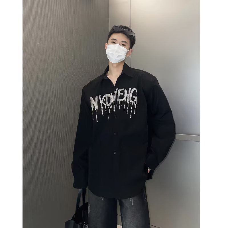 เสื้อเชิ้ตแขนยาว พิมพ์ลายตัวอักษร ขนาดใหญ่ สไตล์เกาหลีใต้ แฟชั่นยอดนิยม สําหรับผู้ชาย และผู้หญิง