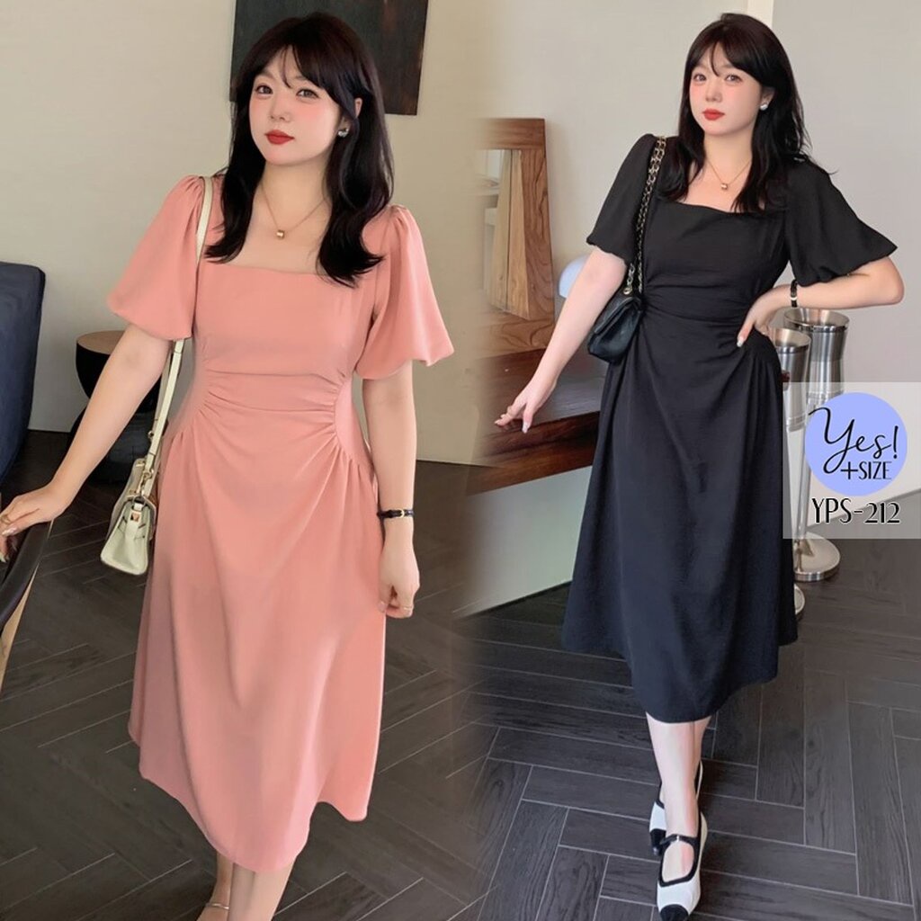 ชุดเดรสยาวสาวอวบ อก 38-49 นิ้ว เดรสคอเหลี่ยม จับจีบเข้าเอว แขนกระดิ่ง สีชมพู/ดำ YPS-212