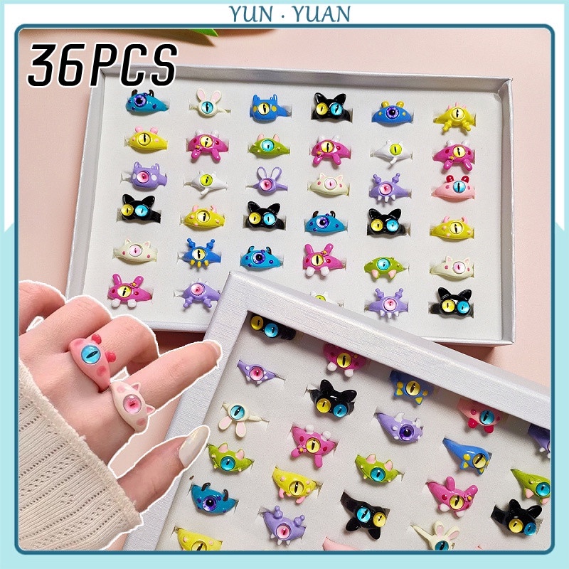 [Yunyuan] ชุดแหวนเปิดกล่อง ลายการ์ตูนมอนสเตอร์ตาโต แมวน่ารัก 36 ชิ้น สําหรับให้เป็นของขวัญ ทุกเพศ