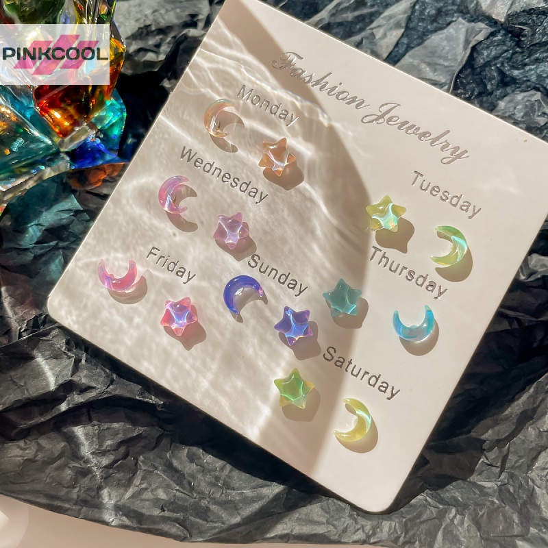 Pinkcool ชุดต่างหูสตั๊ด รูปดาว ดวงจันทร์ สีชมพู สีม่วง น่ารัก เครื่องประดับ สําหรับผู้หญิง Y2K ขายดี