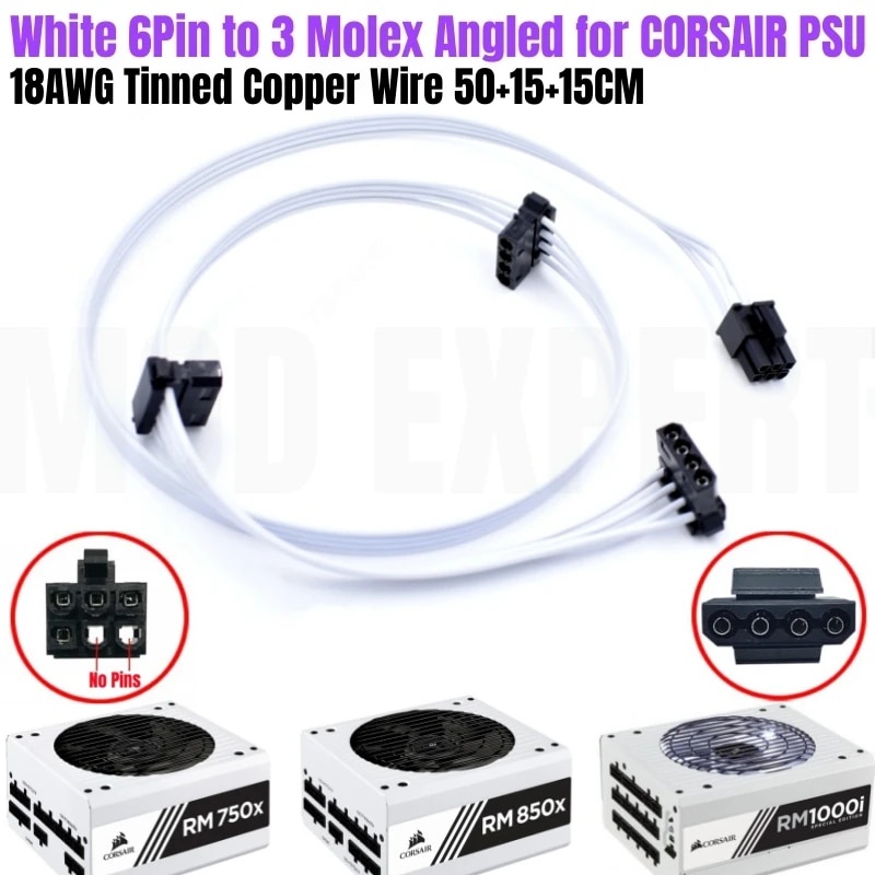 CORSAIR สีขาว 6Pin ถึง 3x Molex IDE 4Pin มุมพัดลมสายไฟสําหรับ RM750x RM850x RM750i RM850i RM1000i Mo