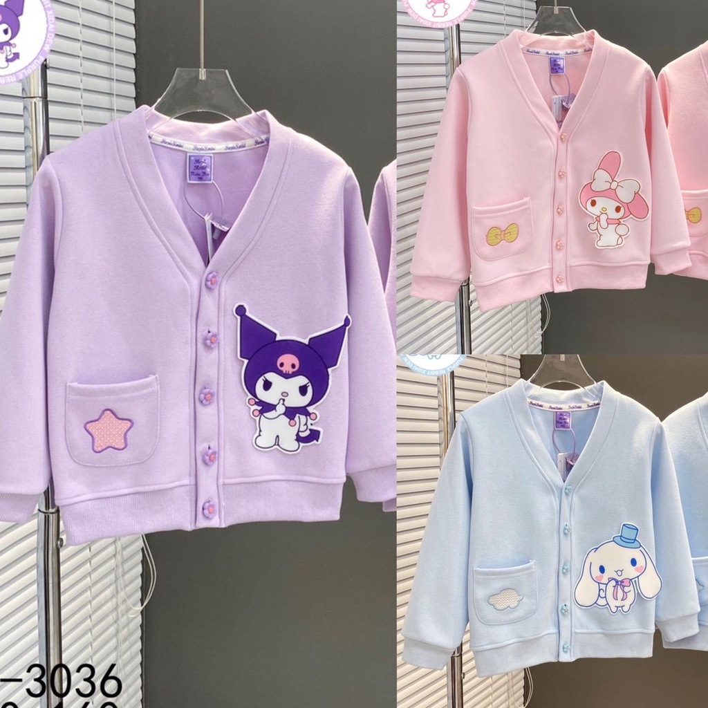Sanrios My Melody Cinnamoroll Kuromi สาวคาร์ดิแกนแจ็คเก็ตเดี่ยว Kawaii หวานหลวมแขนยาวเสื้อเด็กของขวัญ