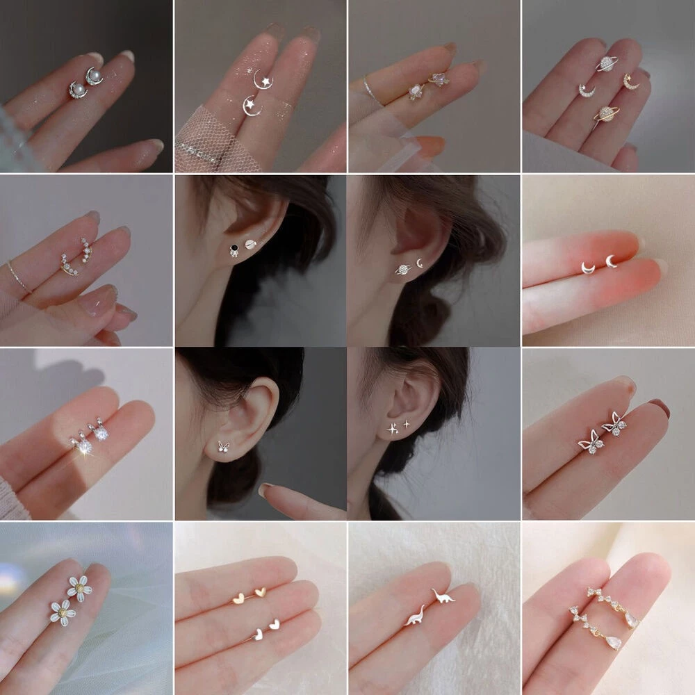 ต่างหูสตั๊ด เงิน 925 จี้รูปดาว ดวงจันทร์ แมว ดอกกุหลาบ ขนาดเล็ก เครื่องประดับสตรี ของขวัญน่ารัก