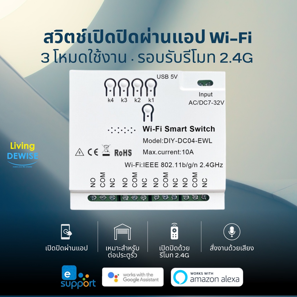 Ewelink บอร์ดรีเลย์ 4 ช่อง 85-265V Wi-Fi ต่อประตูรั้ว ม้วนเปิดปิด ตั้งเวลาผ่านแอป รองรับ Google Home