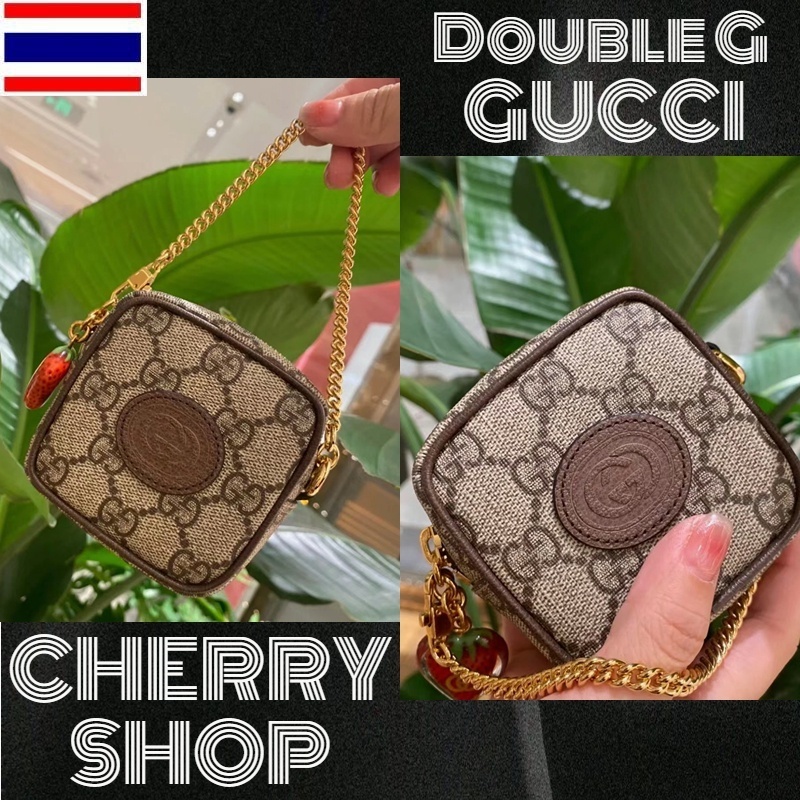 New 🍒กุชชี่ แท้ GUCCI double G strawberry charm🍒 สุภาพสตรี/กระเป๋าทรงกล่อง/กระเป๋าใส่เหรียญ🍒 28EW