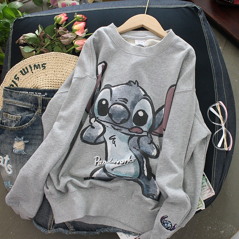เสื้อกันหนาวแขนยาวลําลอง คอกลม ผ้ากํามะหยี่ แบบหนา พิมพ์ลายการ์ตูน Stitch ทรงหลวม สําหรับผู้ชาย และผู้หญิง ไซซ์ M - 3XL