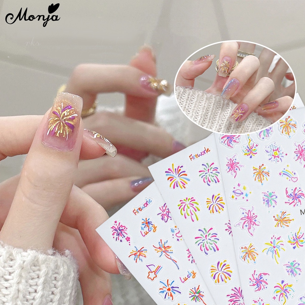 Monja สติกเกอร์ ลายนูน รูปดอกไม้ไฟ 3D มีกาวในตัว หลากสี สําหรับตกแต่งเล็บ DIY