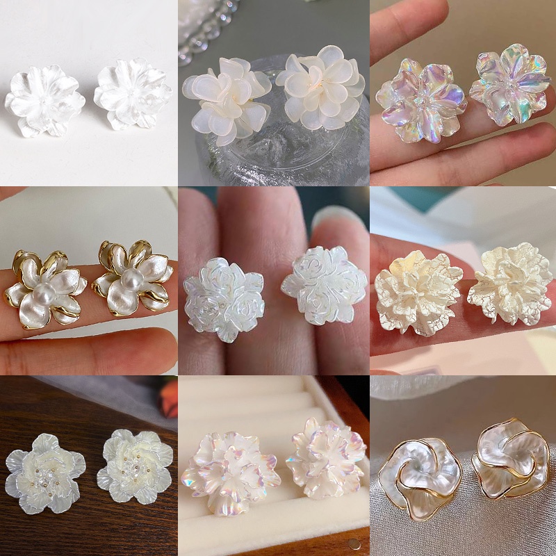 ต่างหูแฟชั่น ลายดอกไม้ สีขาว แบบเรียบง่าย สไตล์เกาหลี ญี่ปุ่น หรูหรา