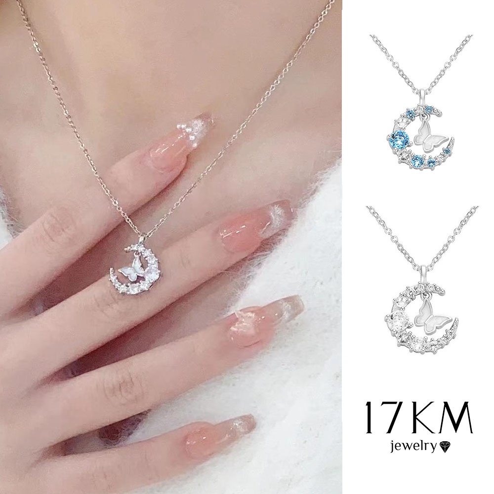 17 กม. ส่องแสง เพทาย จี้สร้อยคอ คริสตัล ดวงจันทร์ ผีเสื้อ เงิน โซ่ โช้กเกอร์ สําหรับผู้หญิง เครื่องประดับ อุปกรณ์