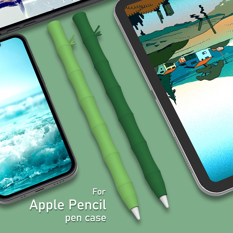 เคสไม้ไผ่สีเขียว สําหรับ Apple Pencil 1/2 รุ่นพืช ผิวนุ่ม ซิลิโคน ฝาครอบป้องกัน สําหรับ iPad ปากกา ป้องกันการตก ปลอกกันลื่น
