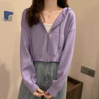 พร้อมส่ง เสื้อครอปมีฮู้ดเเขนยาวสีสันสดใสน่ารักสำหรับผู้หญิง