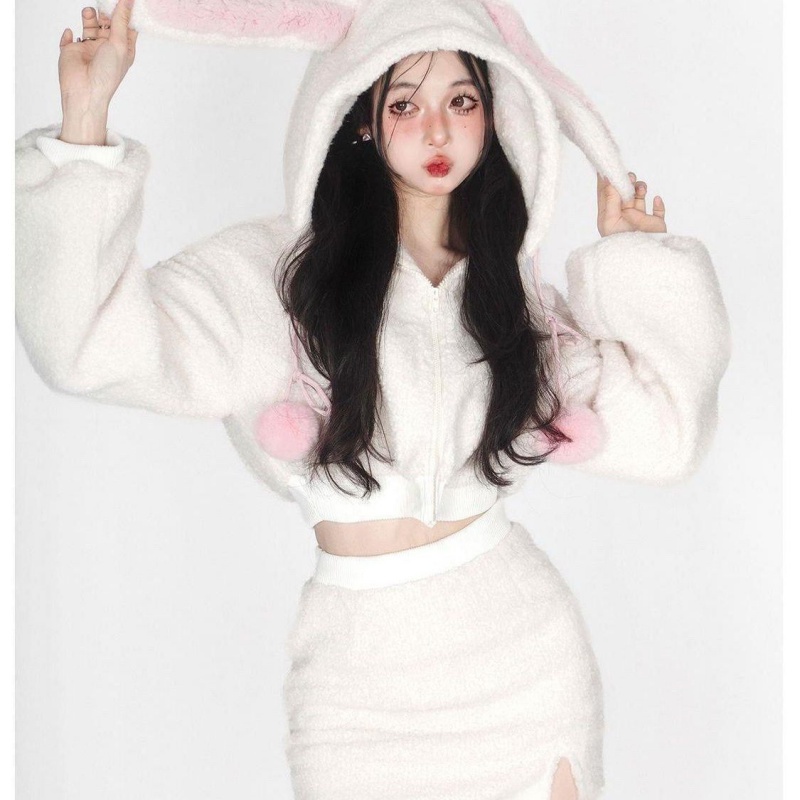 เสื้อแจ็กเก็ตสั้น มีฮู้ด ผ้ากํามะหยี่ขนนิ่ม แต่งหูกระต่ายน่ารัก ให้ความอบอุ่น แฟชั่นฤดูหนาว สไตล์ใหม่