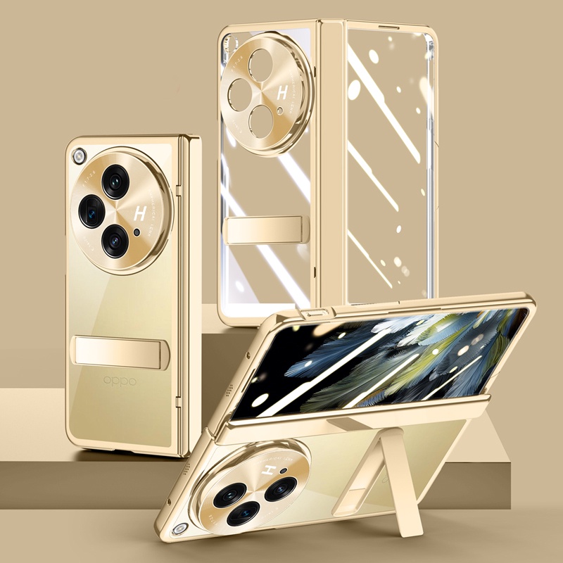 เคสโทรศัพท์มือถือ PC แข็ง ชุบไฟฟ้า แบบพับได้ พร้อมกระจกนิรภัย สําหรับ OPPO Find N3 OnePlus