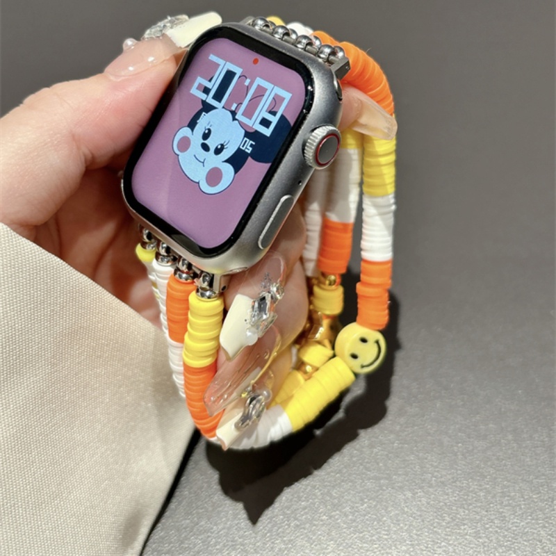 สายนาฬิกาข้อมือ ซิลิโคนนิ่ม ลายหน้ายิ้ม สีส้ม สไตล์โบฮีเมียน สําหรับ Applewatch 9 iwatch8 7 6 5 4 generation