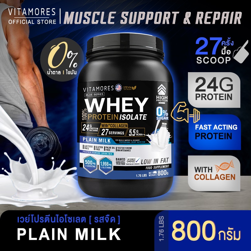 ส่งฟรี ไวต้ามอร์ส เวย์โปรตีน ไอโซเลต 800 กรัม รสจืด โปรตีนเกรดพรีเมี่ยมนำเข้าคุณภาพสูงดื่มง่าย ดูดซึมไว โปรตีนสูง