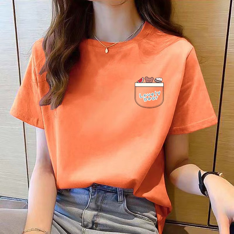 เสื้อยืดคอกลม แขนสั้น ทรงหลวม สีแดง แฟชั่นสําหรับผู้หญิง