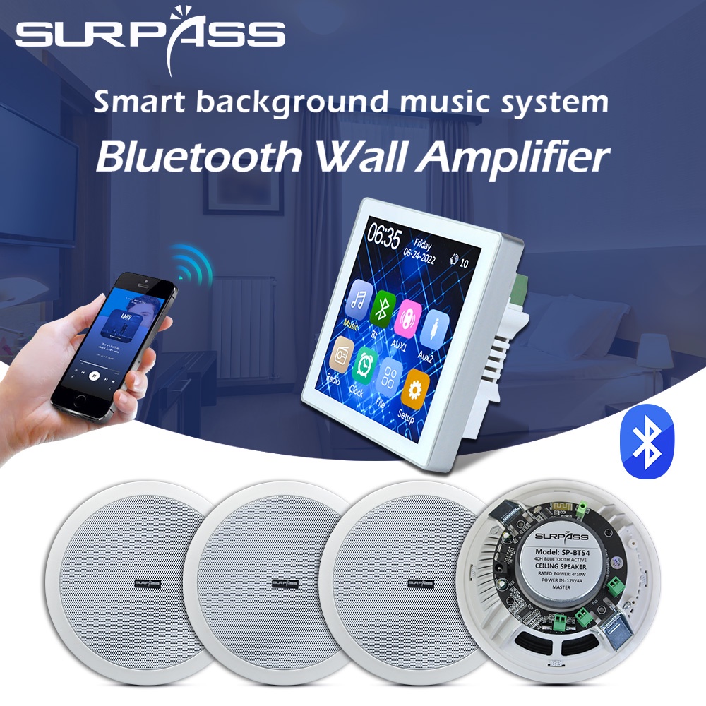 2.8 นิ้วบลูทูธวิทยุ Fm USB Wall Amplifier โฮมเธียเตอร์เสียงสเตอริโอพร้อมลําโพงเพดานระบบ PA ห้องน้ํา