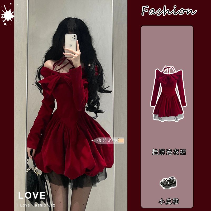 กํามะหยี่คริสต์มาส Puffy Dress Halterneck สไตล์ฝรั่งเศส 2023 ฤดูใบไม้ร่วงฤดูหนาว High-End แขนยาว Slim-Fit สไตล์ใหม่กระโปรงสีแดง 8EV
