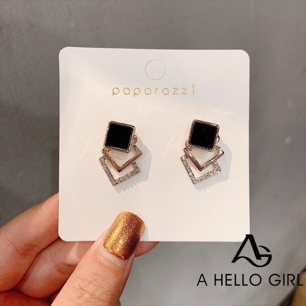 A HELLO GIRL เครื่องประดับ ต่างหูระย้า ทรงเรขาคณิต ประดับพลอยเทียม สีดํา แบบเรียบง่าย สําหรับผู้หญิง