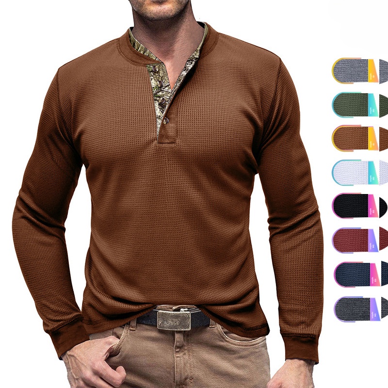 เสื้อยืดวาฟเฟิล Henley Casual Henley สําหรับผู้ชาย