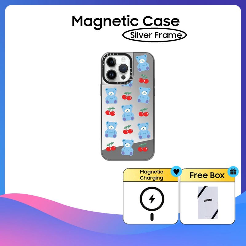 Casetify Silver Frame Blue Cherry Bear Mirror Hard Plastics Pc impact Case Cover สําหรับ iPhone 11 12 13 14 15 Pro Max