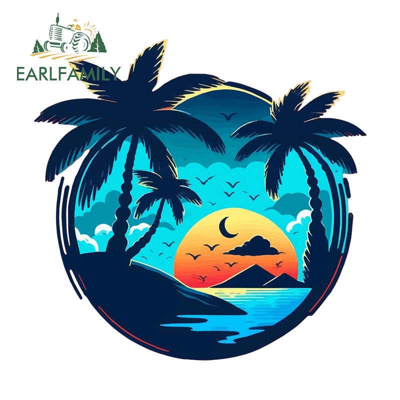 Earlfamily สติกเกอร์ไวนิล กันน้ํา กันแดด ลายดวงอาทิตย์ตก ชายหาด 13 ซม. สําหรับติดตกแต่งกระจกหน้ารถยนต์ แล็ปท็อป รถจักรยานยนต์