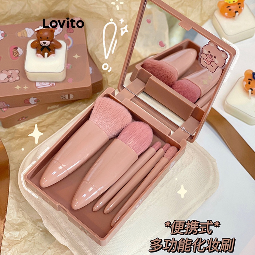Lovito Beauty แปรงแต่งหน้า อเนกประสงค์ 5 ชิ้น มีกระจกแต่งหน้า สำหรับผู้หญิง LBT01034