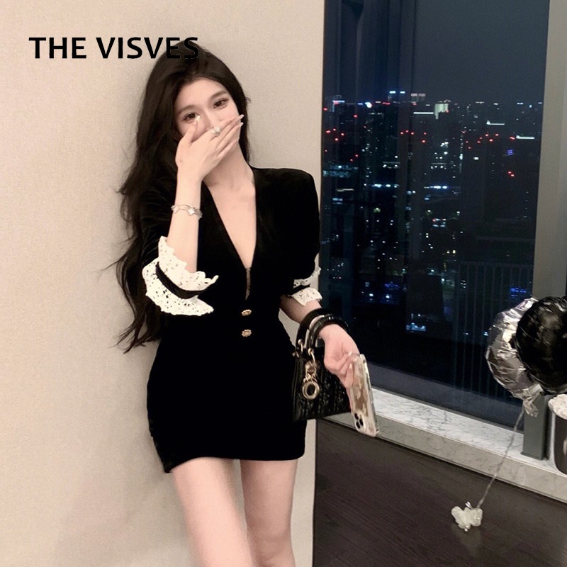 The VISVES ชุดเดรสแขนยาว คอวี เซ็กซี่ สีดํา สไตล์ฝรั่งเศส สําหรับผู้หญิง 2024