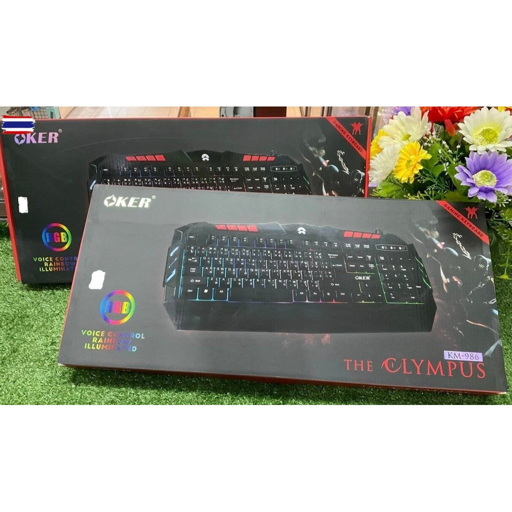 OKER KM-986 คีย์บอร์ดเกมมิ่ง แบบมีสาย ขนาดเต็ม 104 ปุ่ม ไฟ RGB สายรุ้ง ภาษาไทย/อังกฤษ
