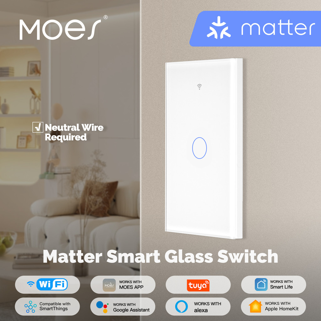 Moes Tuya WiFi Matter US สมาร์ทสวิทช์กระจกแผงสัมผัสทนไฟ Neutral Wire Require สนับสนุน Alexa Google Home Homekit