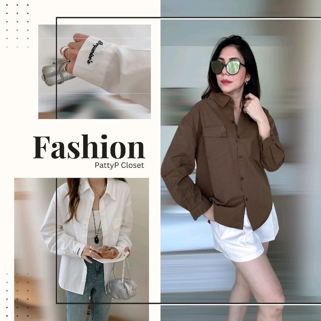 [หน้าผ้า44"] PP77622เสื้อเชิ้ตปักขอบแขนเสื้อ กระเป๋าที่อกแต่งกุ๊น Clothing Women