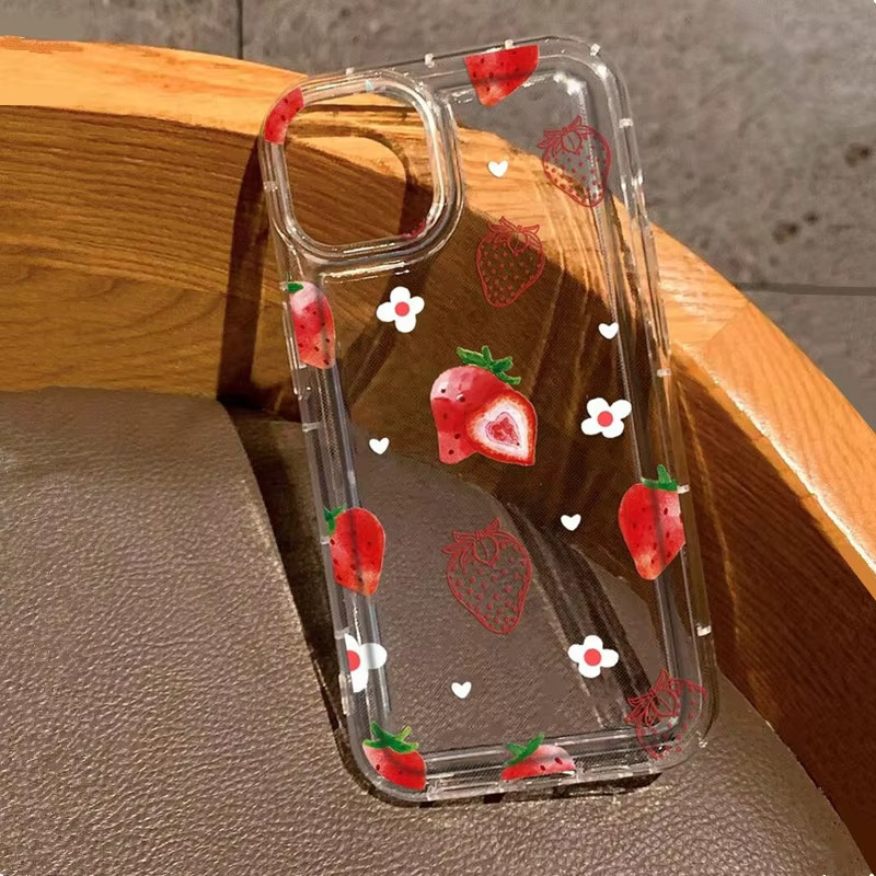 สตรอเบอร์รี่ เคส For iPhone 16 Pro 13 11 12 14 15 Pro Max 7 8 Plus X XR XS ซิลิโคนนุ่ม กันกระแทกเคสโทรศัพท์ถุงลมนิรภัย