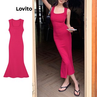 Lovito ชุดเดรสลําลอง ผ้าถัก แบบเรียบ สําหรับผู้หญิง LNA21242 (สีชมพูสุดฮิต)